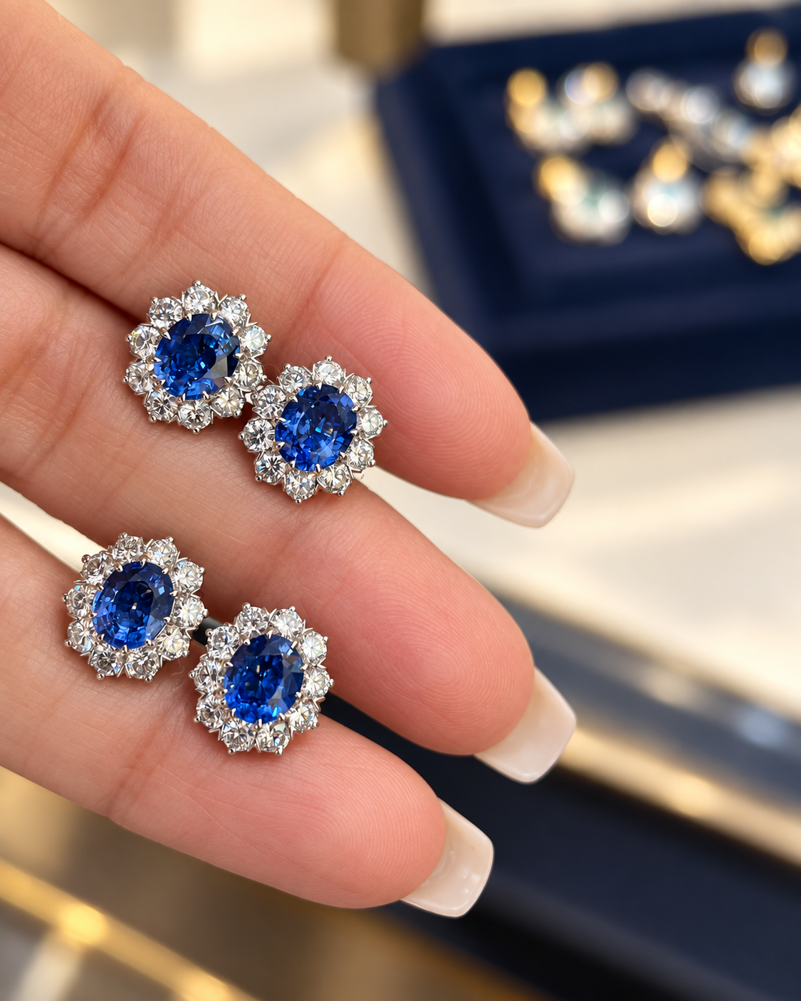 Pair of natural sapphire and lab-grown diamond stud earrings