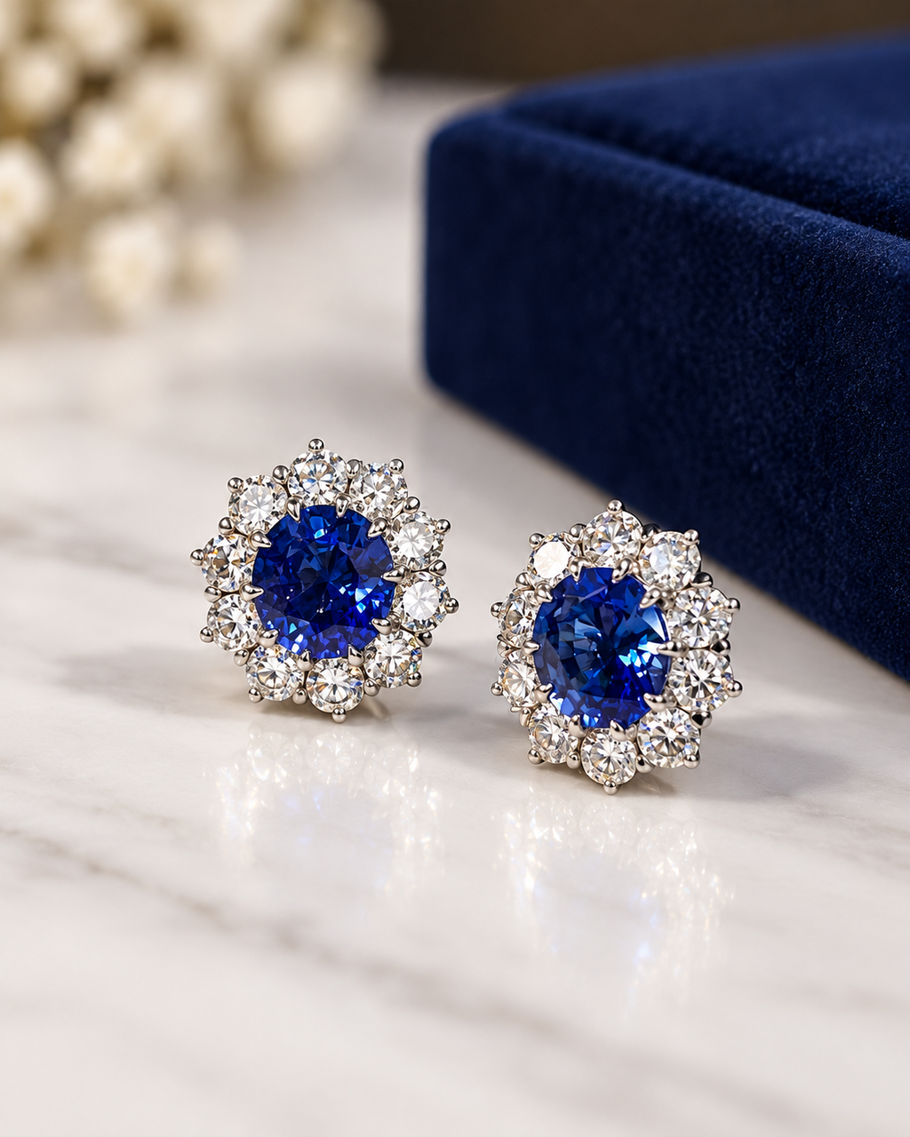Natural sapphire stud earrings with lab-grown diamond halos, front view