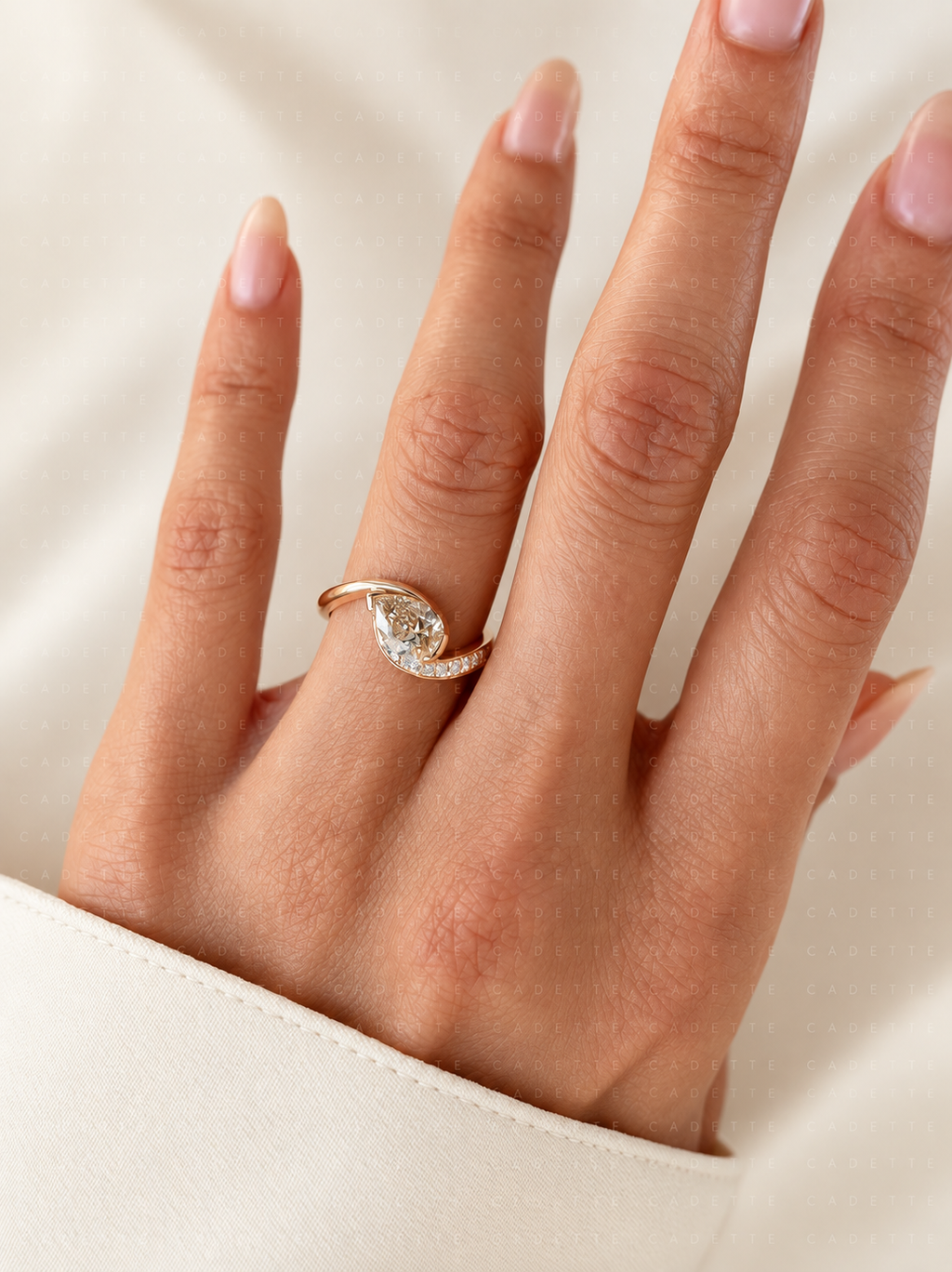 1.5 ct pear champagne lab-grown diamond asymmetrical twist ring
