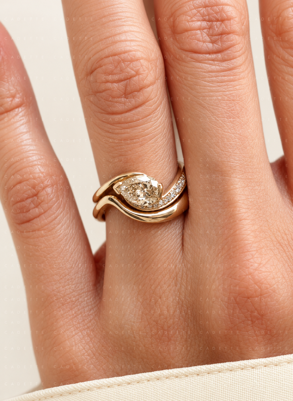 1.5 ct pear champagne lab-grown diamond asymmetrical twist ring