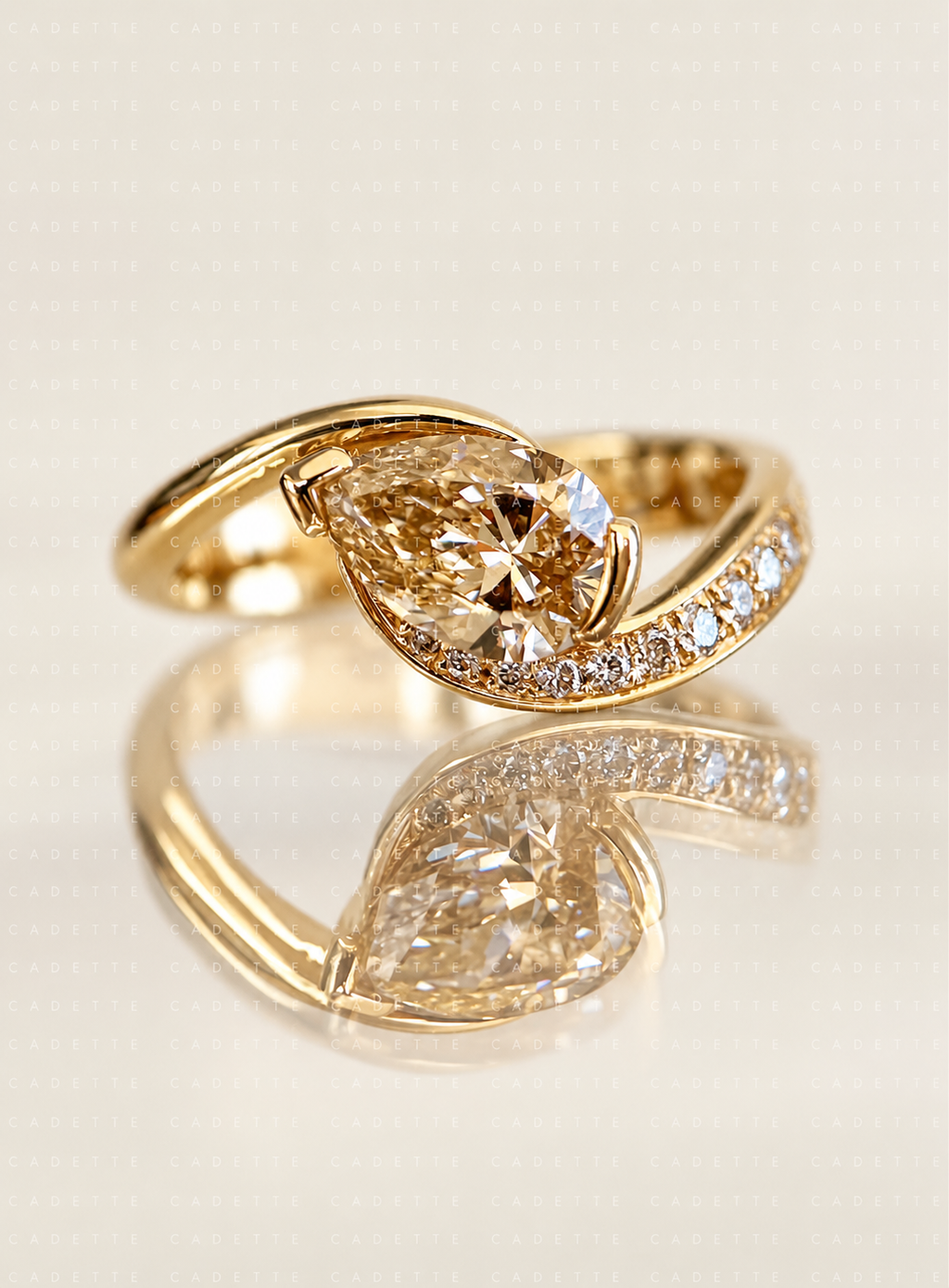 1.5 ct pear champagne lab-grown diamond asymmetrical twist ring
