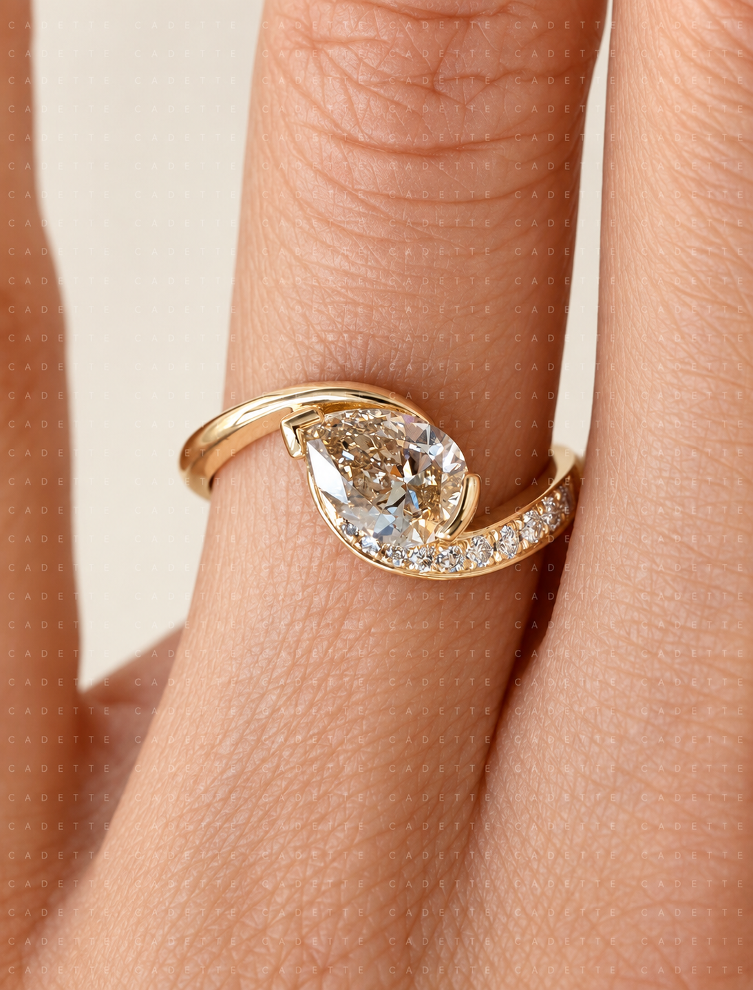 1.5 ct pear champagne lab-grown diamond asymmetrical twist ring