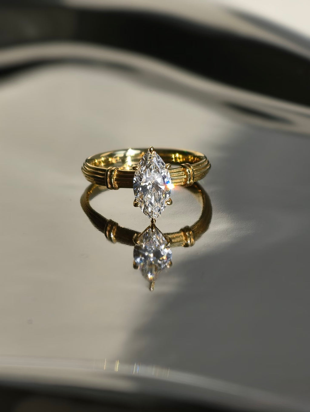 Marquise lab-grown diamond ring with Roman column inspired yellow gold band