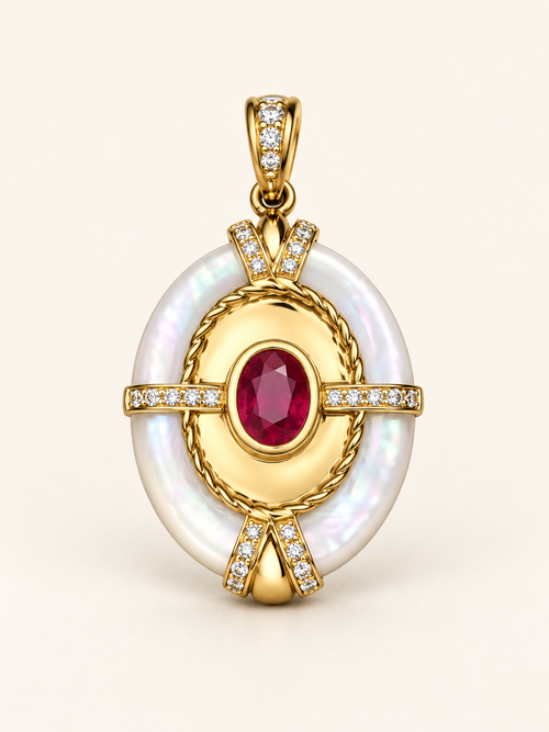 AI-enhanced ruby and white mother-of-pearl 18K gold pendant, chain not included