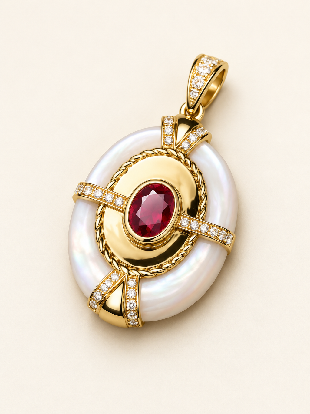 AI-enhanced ruby and white mother-of-pearl 18K gold pendant, chain not included