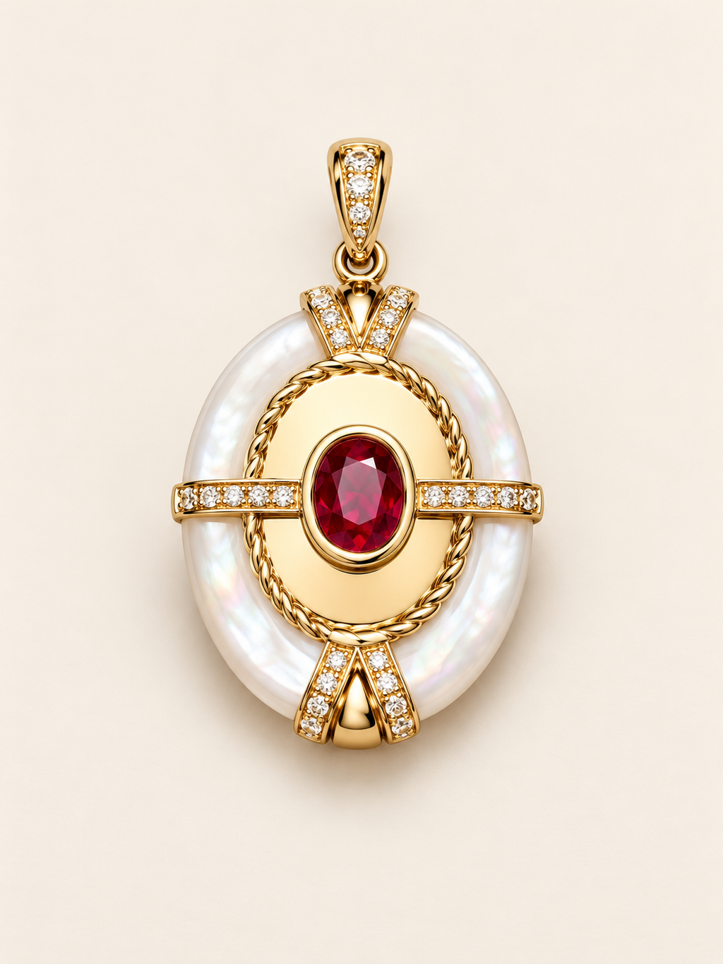AI-enhanced ruby and white mother-of-pearl 18K gold pendant, chain not included