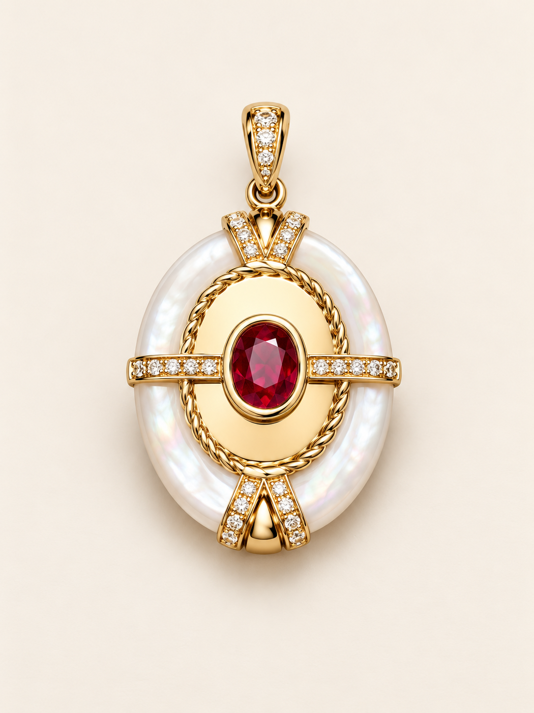 AI-enhanced ruby and white mother-of-pearl 18K gold pendant, chain not included