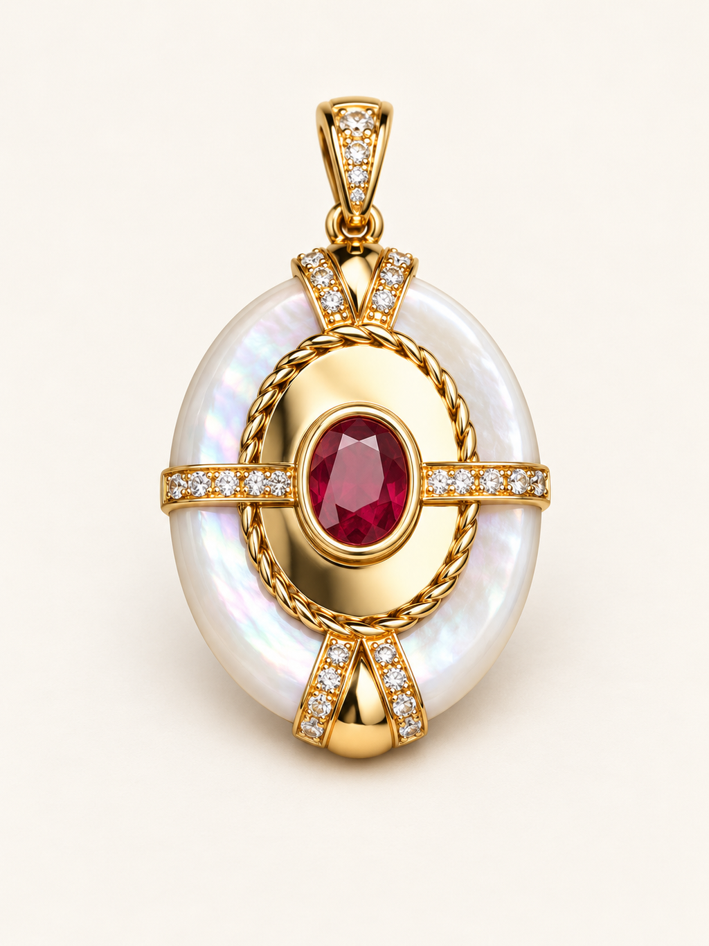 AI-enhanced ruby and white mother-of-pearl 18K gold pendant, chain not included