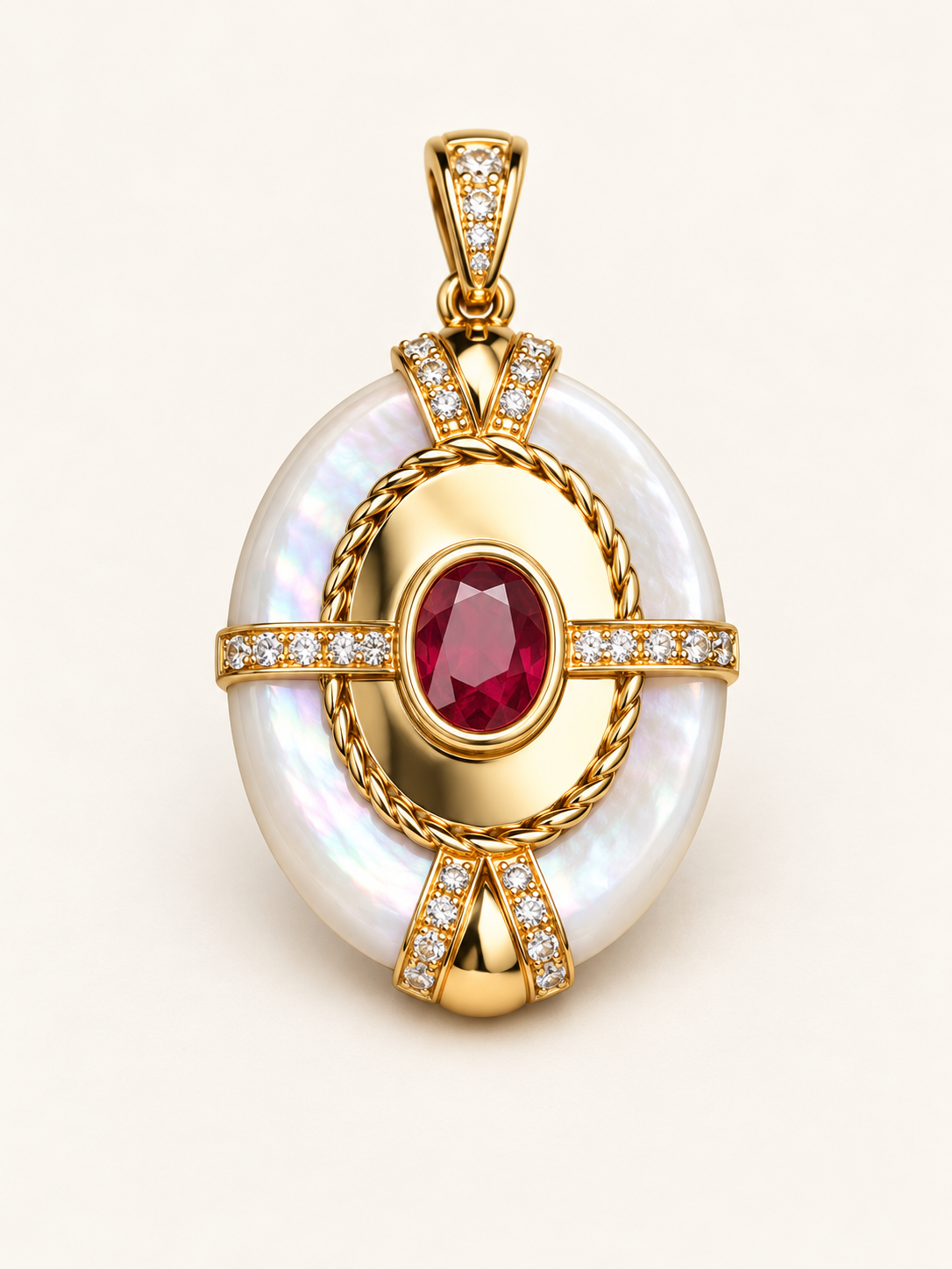 AI-enhanced ruby and white mother-of-pearl 18K gold pendant, chain not included