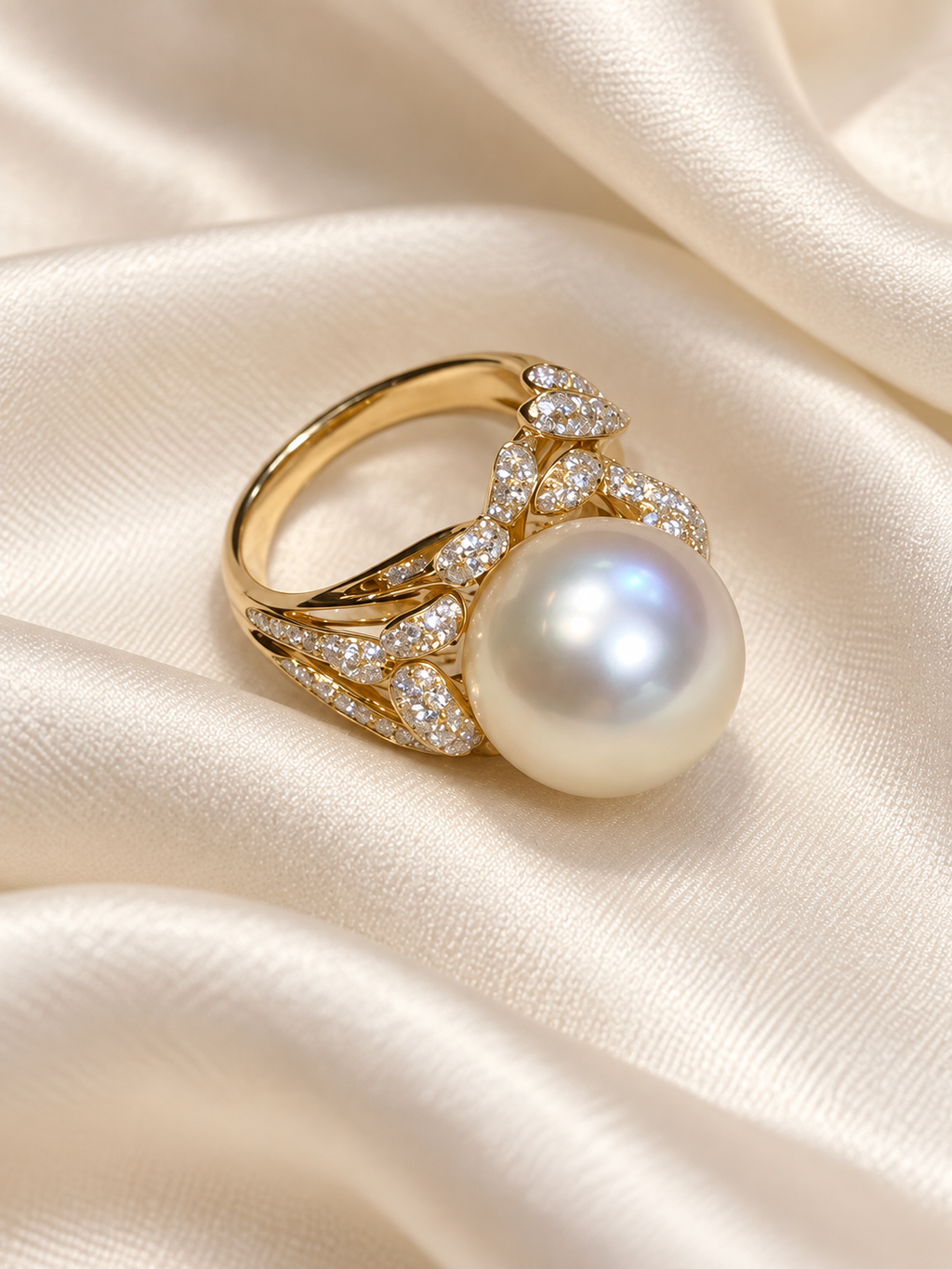 Australian South Sea cultured pearl ring with pale golden pink overtones and botanical lab-grown diamond setting