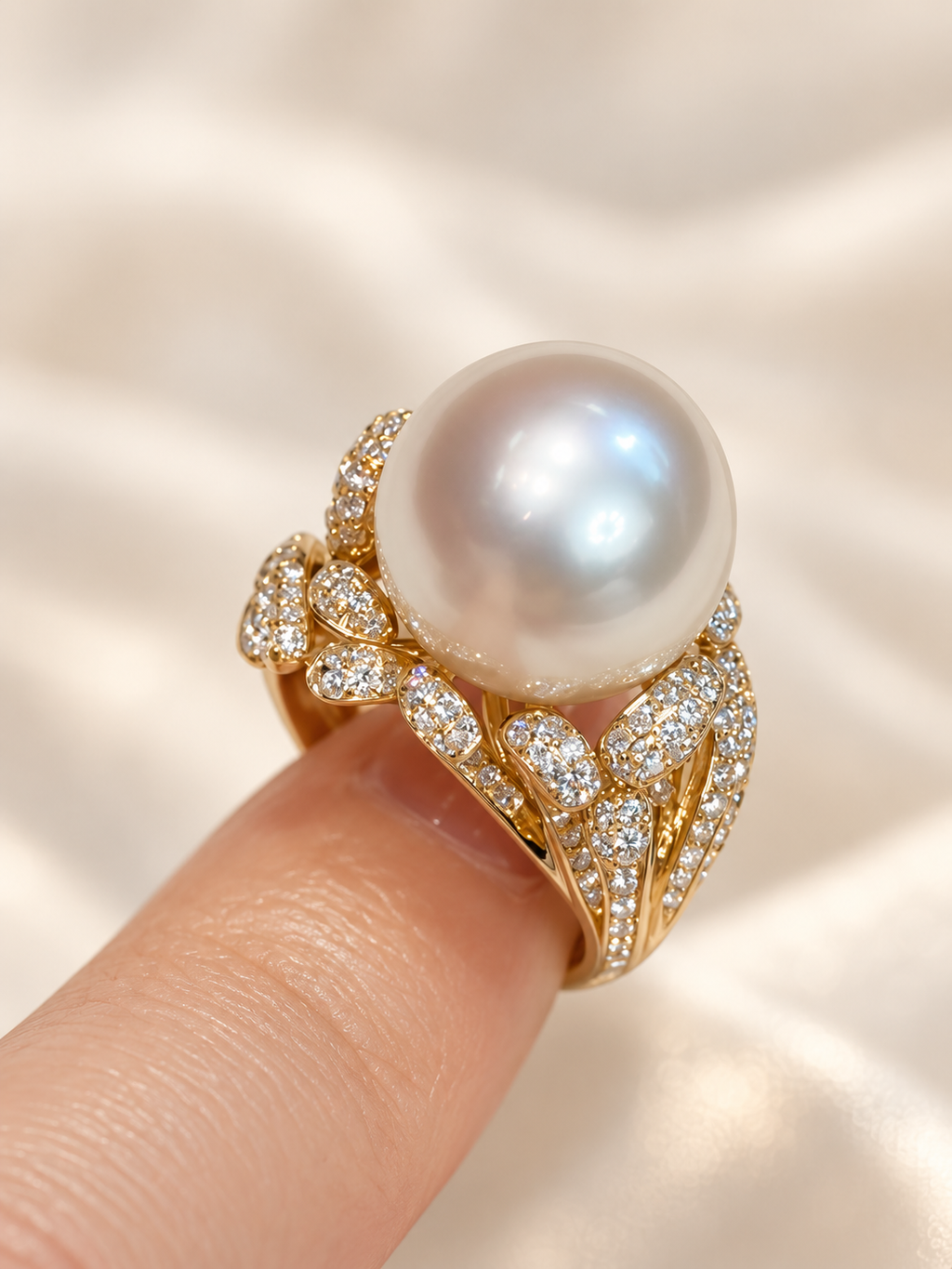 Australian South Sea cultured pearl ring with pale golden pink overtones and botanical lab-grown diamond setting