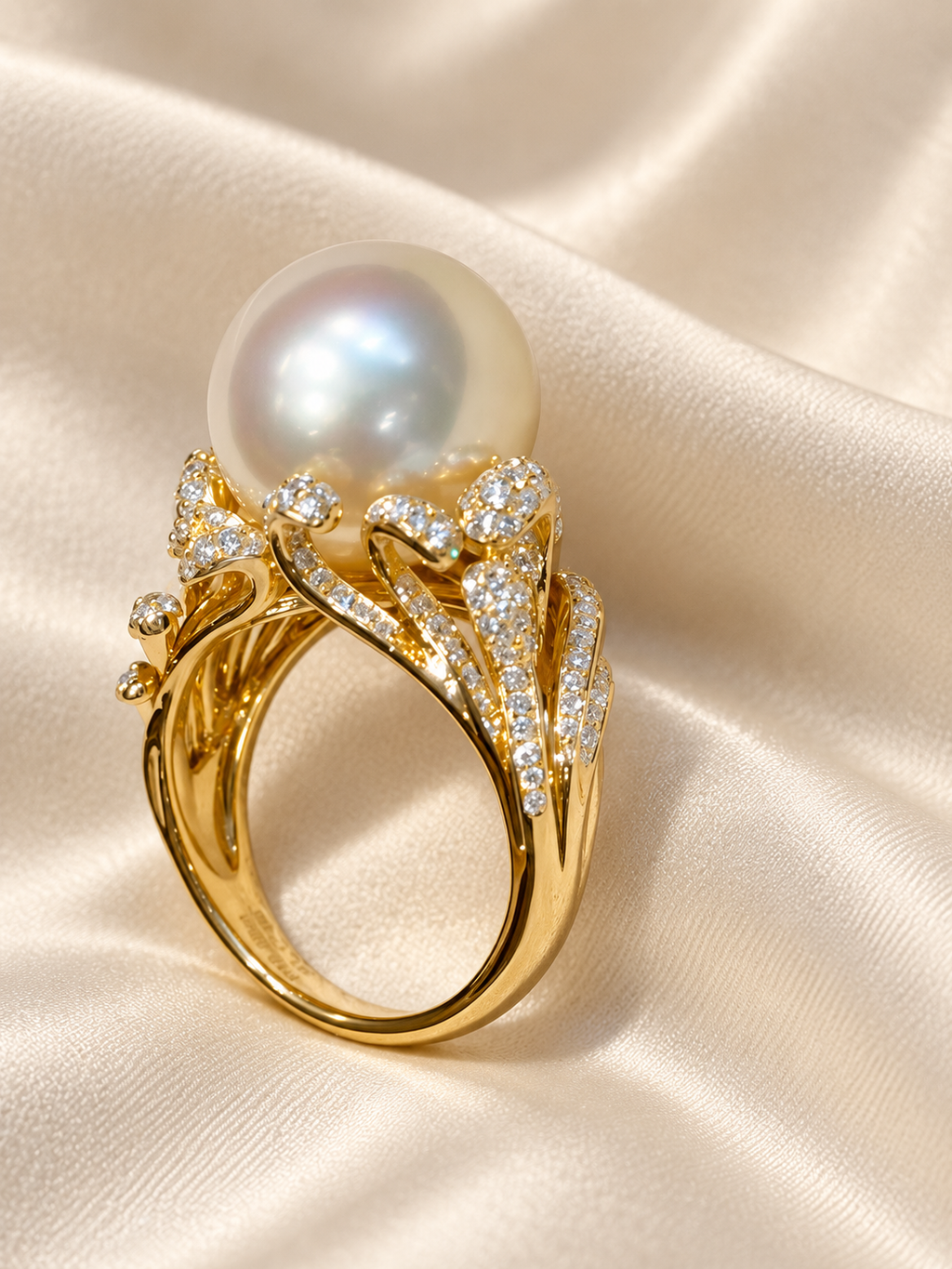 Australian South Sea cultured pearl ring with pale golden pink overtones and botanical lab-grown diamond setting