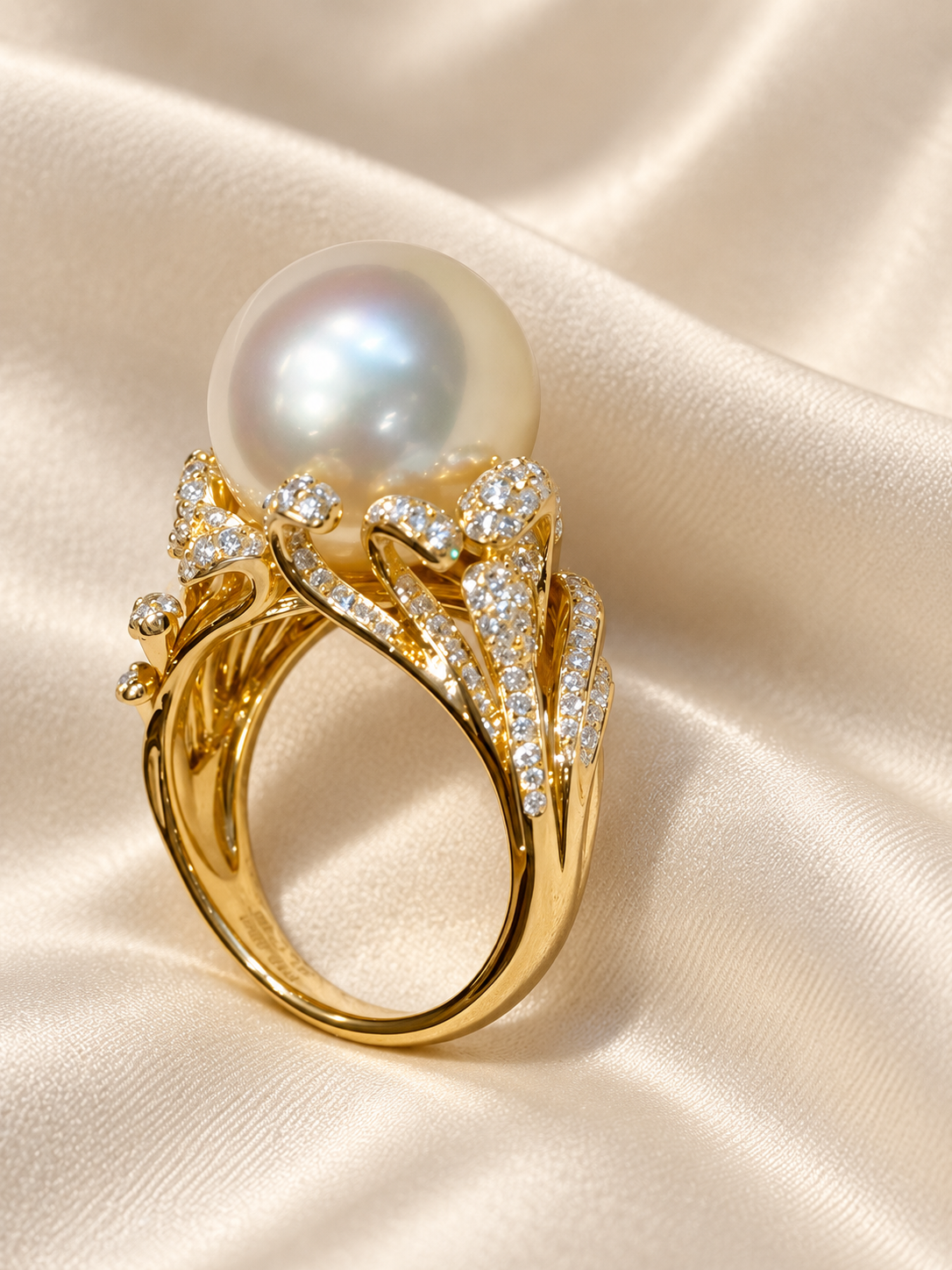 Australian South Sea cultured pearl ring with pale golden pink overtones and botanical lab-grown diamond setting