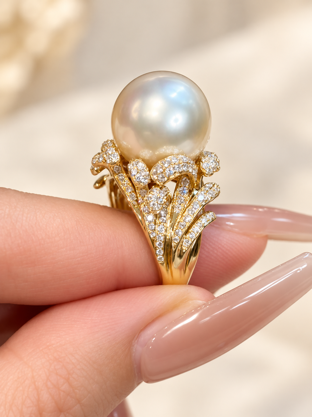 Australian South Sea cultured pearl ring with pale golden pink overtones and botanical lab-grown diamond setting