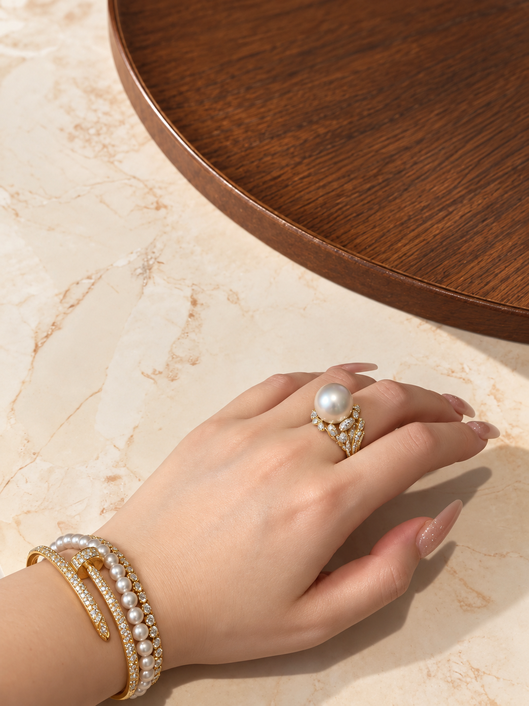 Australian South Sea cultured pearl ring with pale golden pink overtones and botanical lab-grown diamond setting