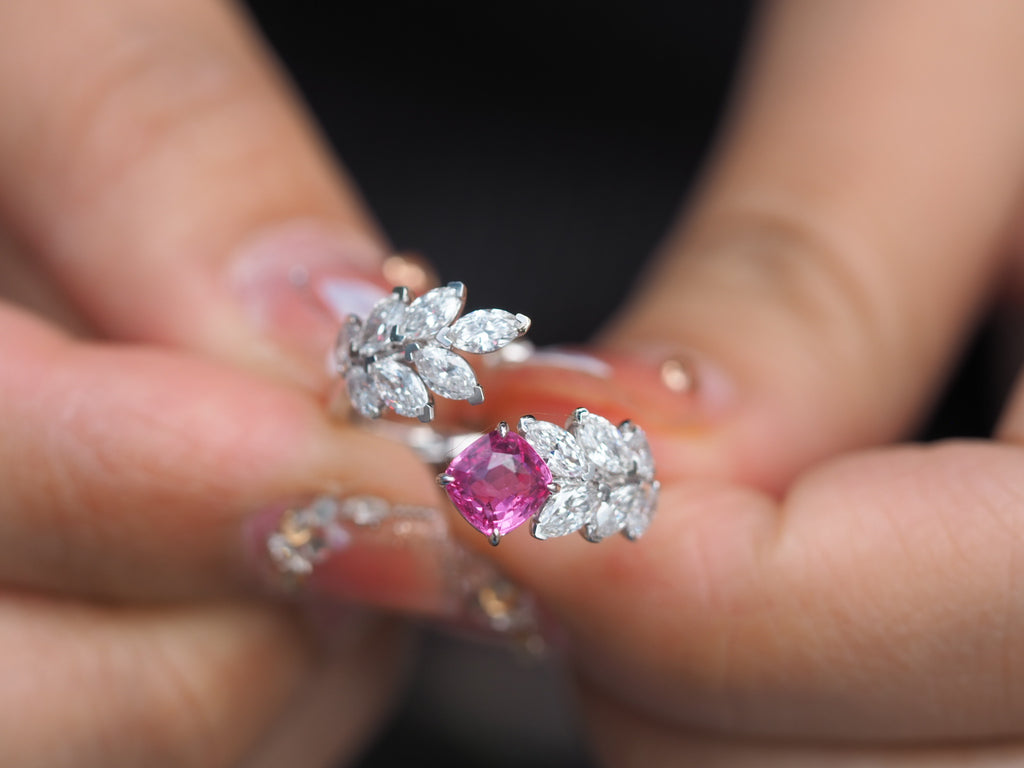 1 ct natural vivid pink sapphire ring with marquise lab-grown diamonds in white gold