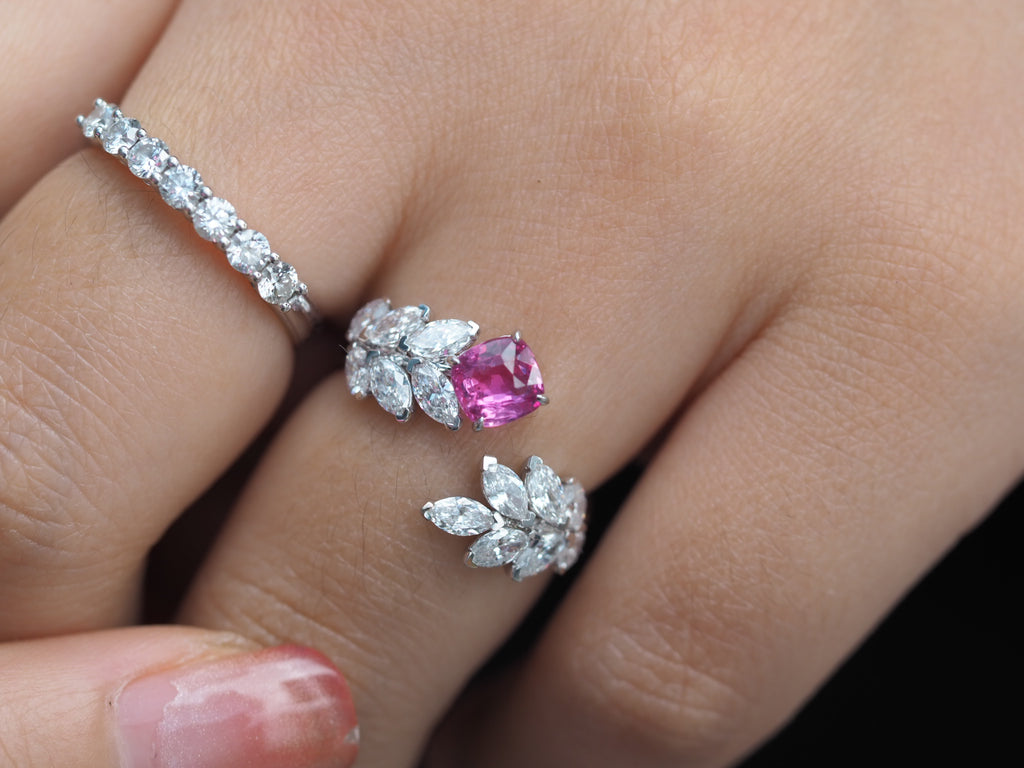 1 ct natural vivid pink sapphire ring with marquise lab-grown diamonds in white gold