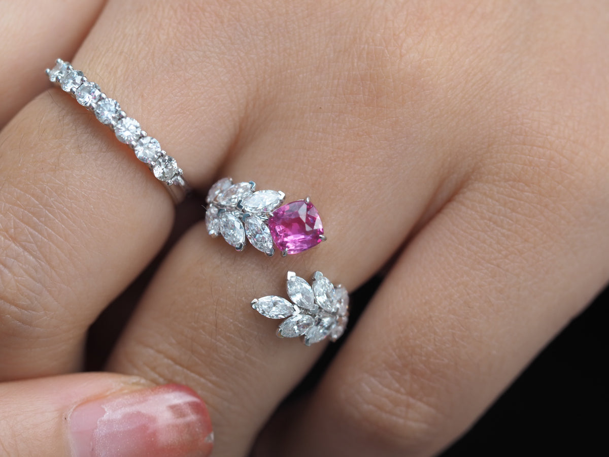 1 ct natural vivid pink sapphire ring with marquise lab-grown diamonds in white gold