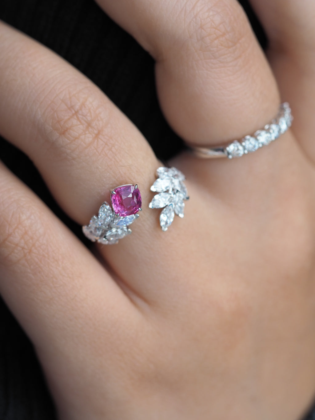 1 ct natural vivid pink sapphire ring with marquise lab-grown diamonds in white gold
