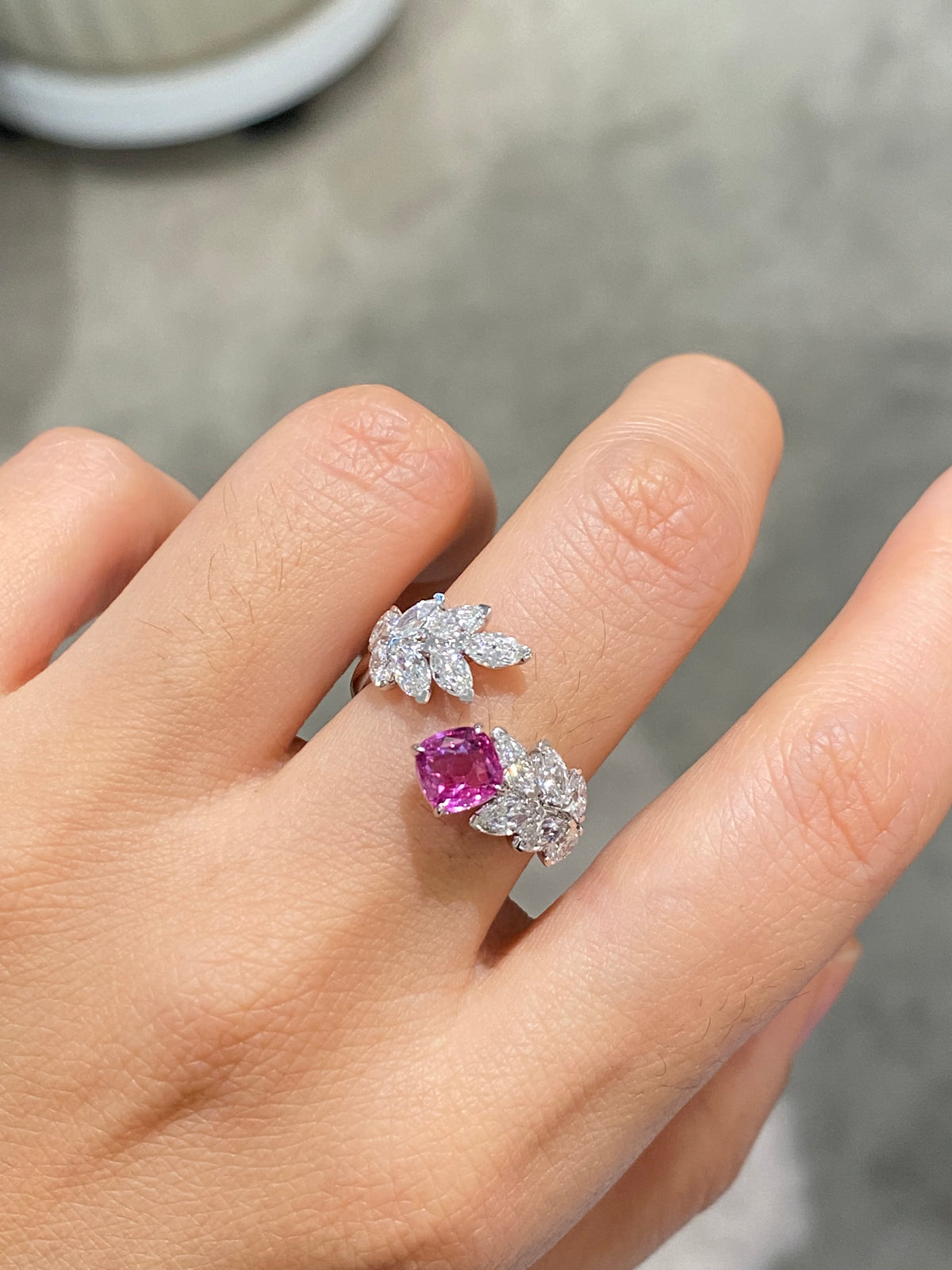 Natural pink sapphire and marquise lab-grown diamond ring